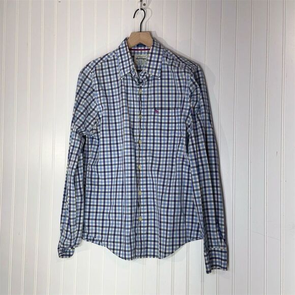 Y2K Abercrombie Blue Plaid Muscle Fit Button Down Shirt Embroidered Moose Prep - Picture 1 of 8